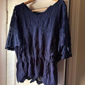 Super Cute Navy Lace Peplum Top with Fluttery Sleeves